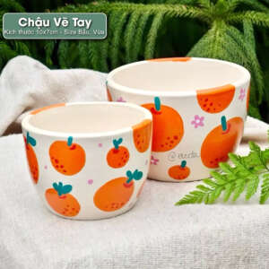 chậu đất nung vẽ trái cam 10x7cm, chậu vẽ tay, chậu thủ công